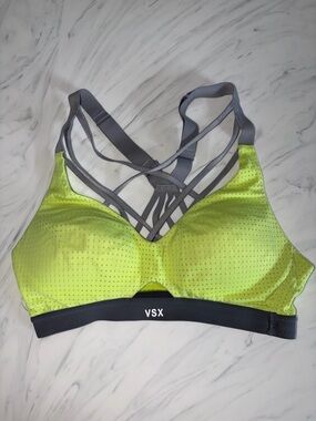 Victoria's secret vsx sports bra top strappy 32b green neon mesh gray